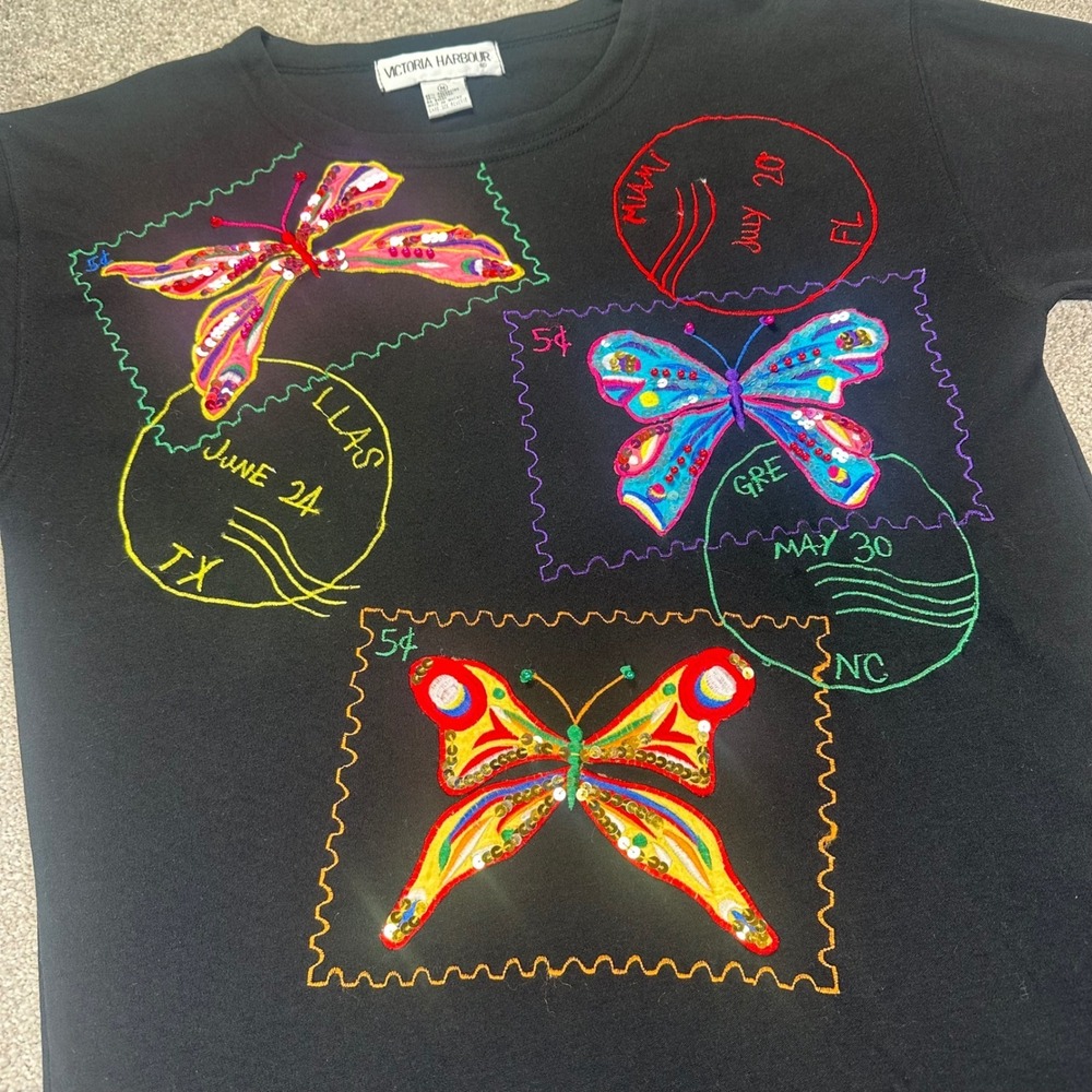 Victoria Harbour Women Medium Top Black Butterfly Sequin Embroidered Vintage
